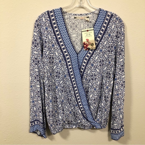 Chelsea & Violet NWT Blue Bohemian Crossover Wrap Blouse Top Mojave Desert - Picture 1 of 6